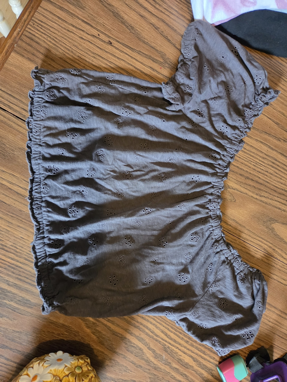 American Eagle Outfitters Girls Charcoal Eyelet Off-Shoulder Top